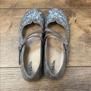 Taos Footwear Taupe Mary Jane Flats with Light Blue Floral Embroidery
